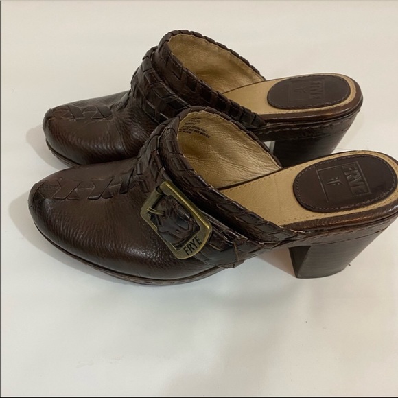 Frye Leather Harness Wooden Heels Mules - Picture 5 of 7